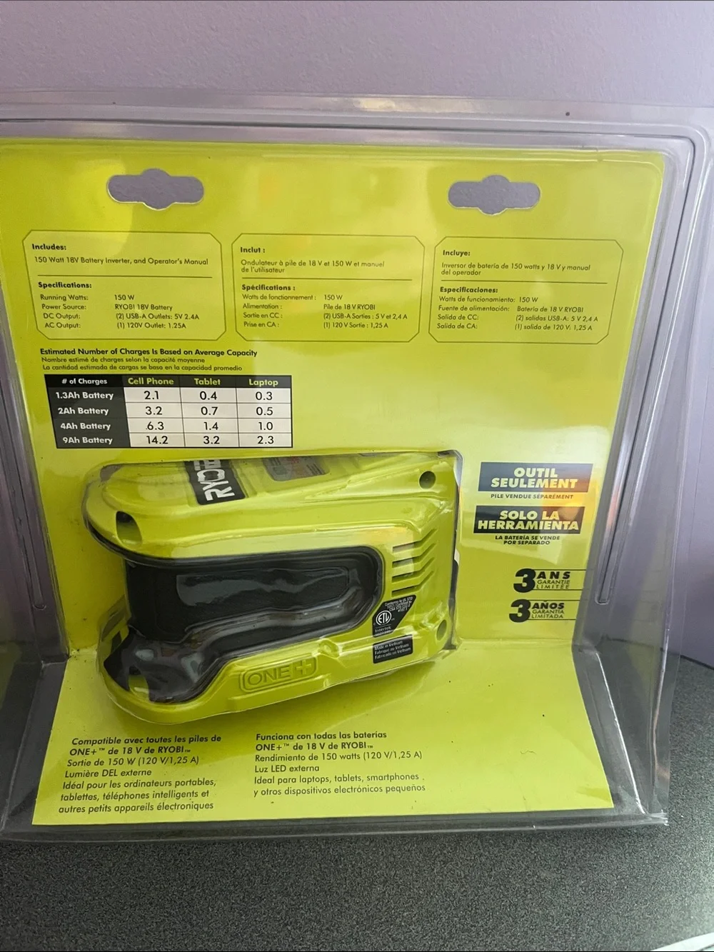 RYOBI ONE+ 150W 18V Battery Power Inverter - Yellow
